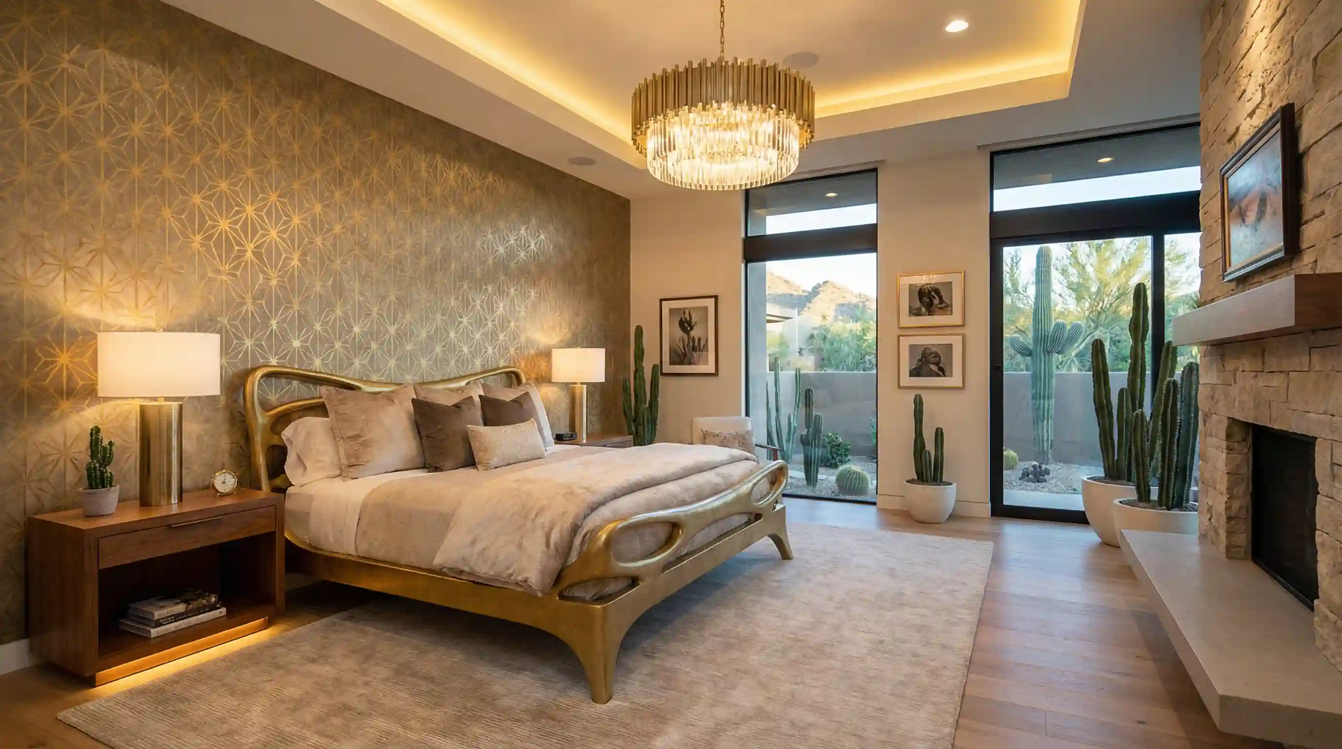 Warm bedroom interior with gold wallpaper details near Coon Rapids