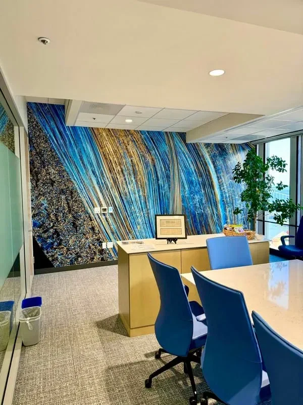 Blue mural wallcovering in a Minneapolis office reception area