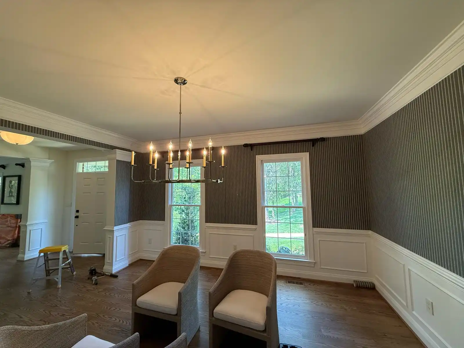 Completed dining room wallcovering in a Maple Grove home near Arbor Lakes