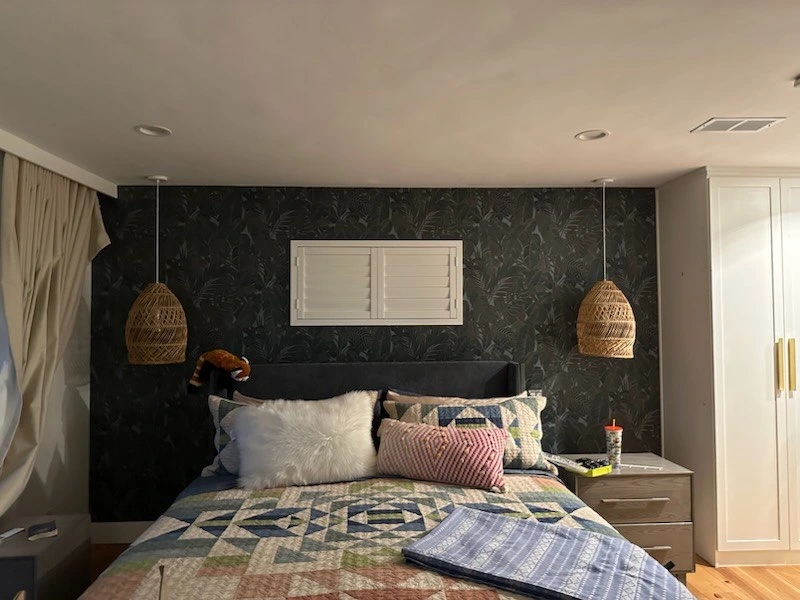 Dark botanical bedroom wallpaper installed in a home near Lino Lakes